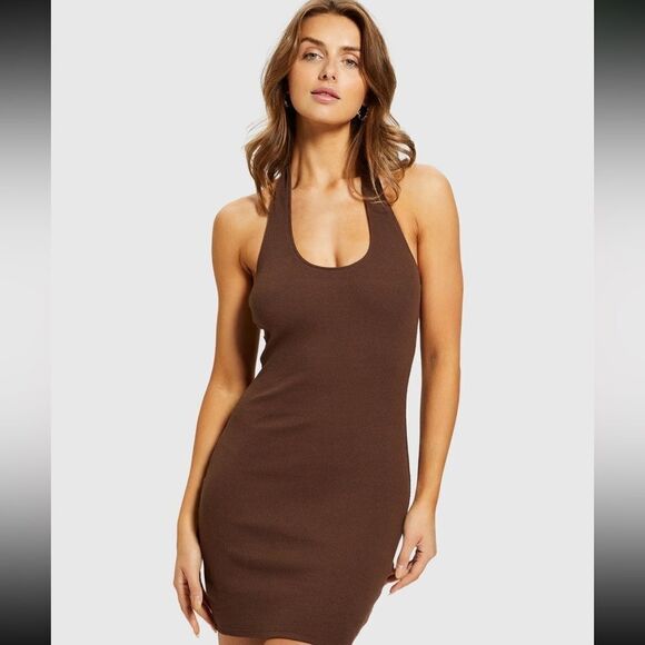 Cotton On Stretchy Ribbed Brown Halter Mini Dress - Picture 1 of 5